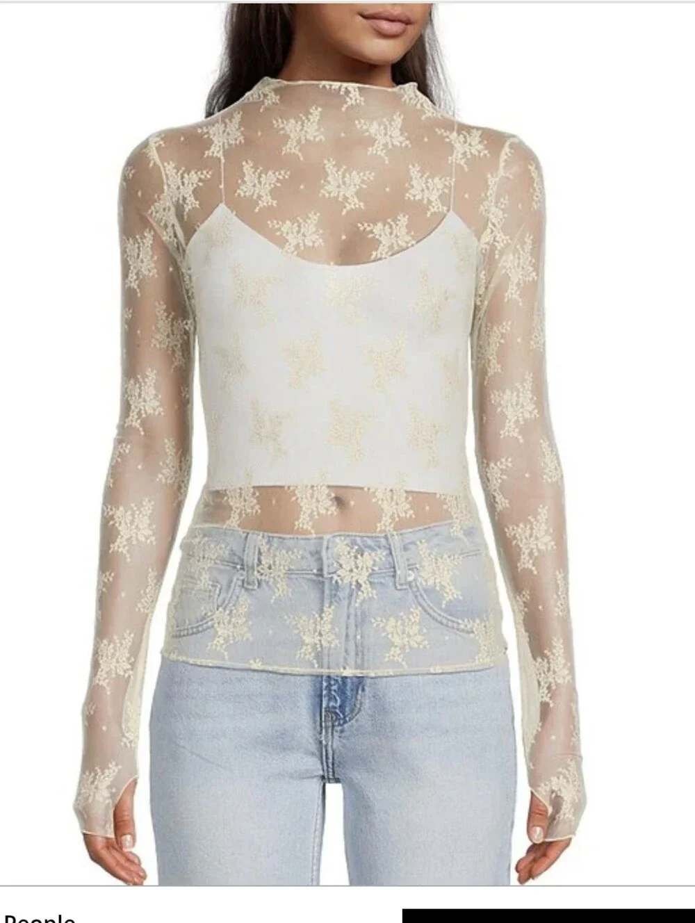 NWT Free People Lady Lux Jacquard Sheer Mock Neck Long Sleeve Layering Top